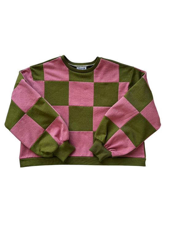 Pull Colorblock Damier Avocat et Rose