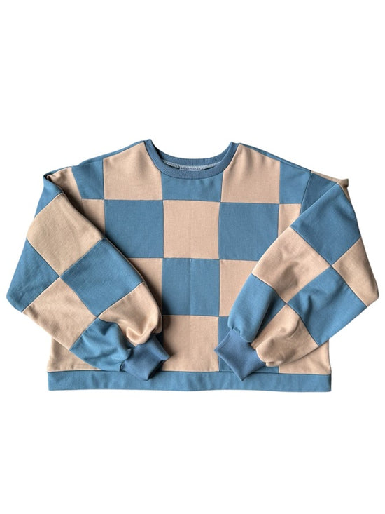 Pull Colorblock Damier Bleu et Beige