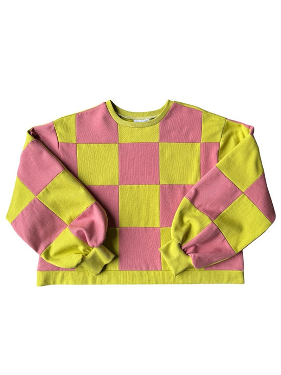 Pull Colorblock Damier Chartreuse et Rose