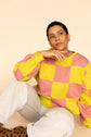 Pull Colorblock Damier Chartreuse et Rose