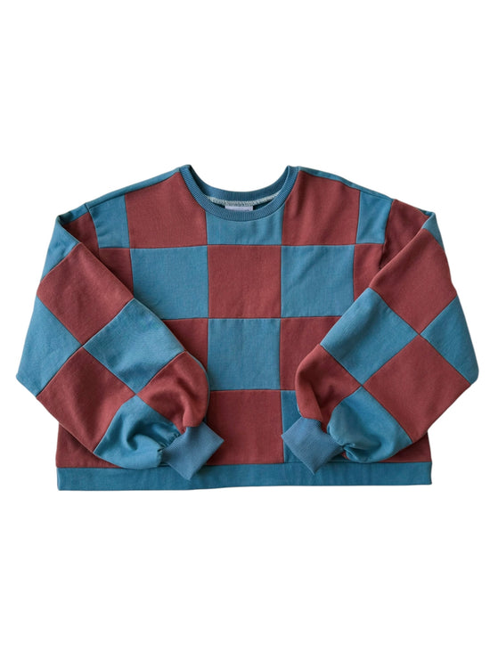 Pull Colorblock Damier Bleu et Brique