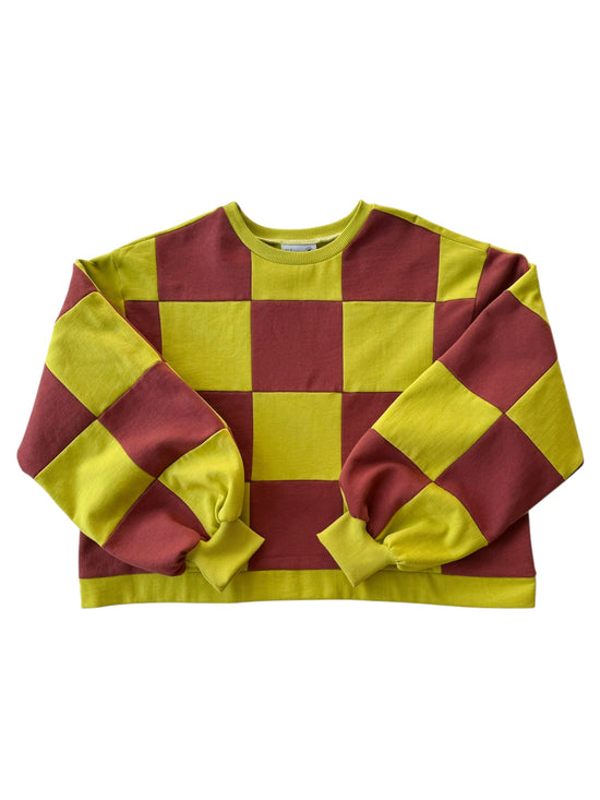 Pull Colorblock Damier Chartreuse et Brique