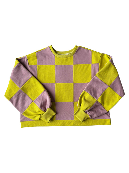 Pull Colorblock Damier Chartreuse et Lila